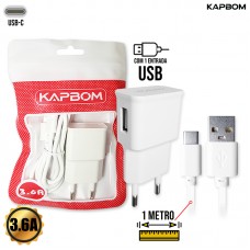 Kit Carregador 1 USB + Cabo Tipo C 1m KA-392-TY Kapbom - Branco